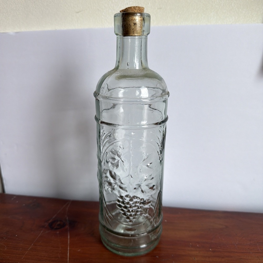 Vintage Slim Green Tinted Glass Bottle With Etched Grapes Designed With Cork Top
